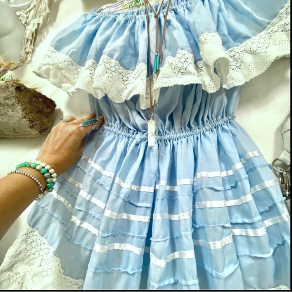 60s/70s ruffles for days Dreamy off the shoulder prairie/country/beach dress